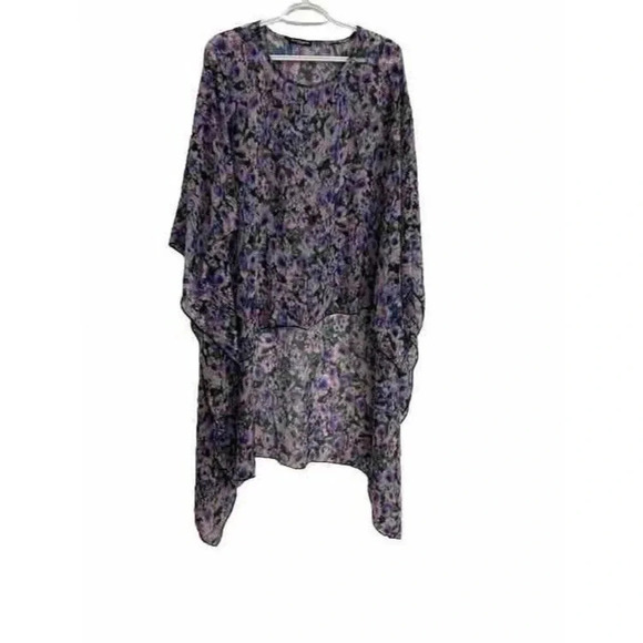 Cha Cha Vente Size M Women's Floral Sheer Cover Up Tunic Hi Lo Poncho Caftan - Picture 1 of 8
